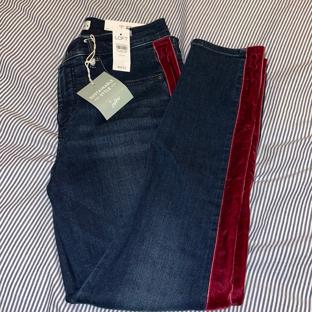 NWT Loft skinny jeans with red velvet detail